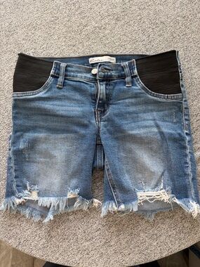 Kancan Denim Maternity Shorts with panel stretch waistband.